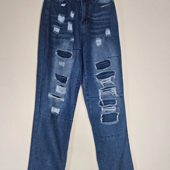 Misslook Jeans Womens Small Blue Distressed Ripped Straight Leg Denim Pants - Picture 4 of 5